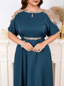 SHEIN Clasi Plus Size Elegant Party Ribbon Trim Off Shoulder Dress,Wedding Guest Dress Women - Teal Blue - View 5