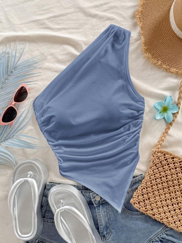 Soleia Top asimétrico de cuello asimétrico para mujer en azul pizarra, adecuado para vacaciones de verano