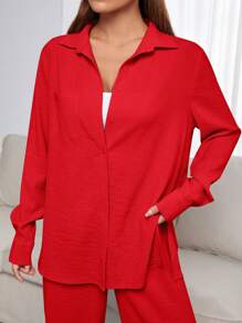 SHEIN EZwear Red Woven Casual Women's Long Sleeve And Long Pants Set Women Red Outfit - Red - View 5