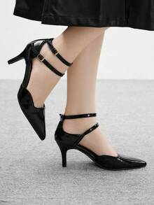 CUCCOO BIZCHIC 女士尖头低跟白色珍珠亮片镂空踝带高跟鞋，适合万圣节、圣诞节、派对等场合 - 黑色 - 查看 1