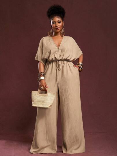 Veslaya 2025 Autumn & Winter New Arrivals, Women's Fall/Winter Clothes, Halloween, Music Festival, Easter, Western Style, Nomadic Style, Birthday Party, Graduation, Student Wear, Daily Casual, Vacation, Cruise Travel, Beach, Sunbathing, Fashionable, Women Plus Size White Textured Loose Waist Wide Leg Jumpsuit