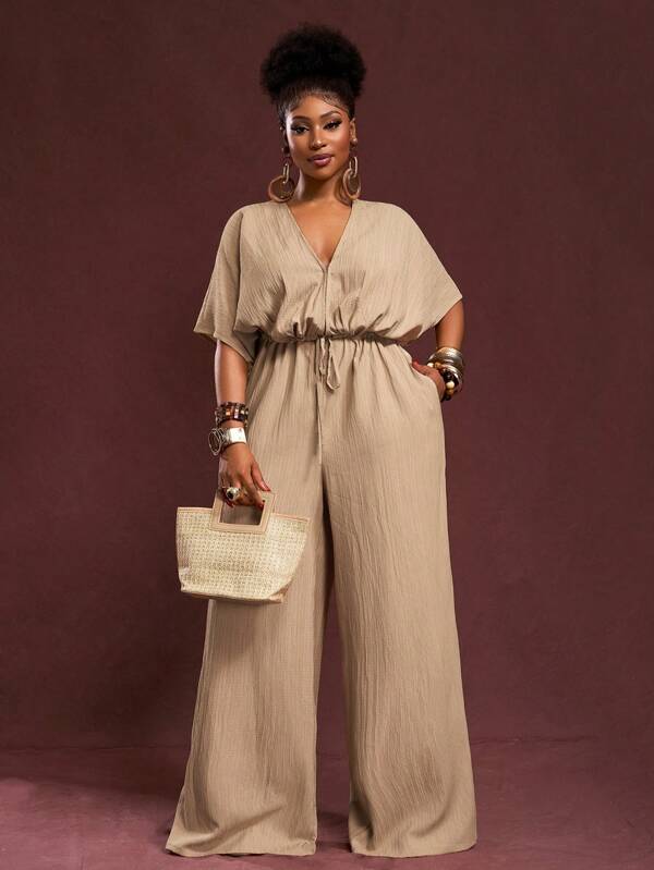 Veslaya 2025 Autumn & Winter New Arrivals, Women's Fall/Winter Clothes, Halloween, Music Festival, Easter, Western Style, Nomadic Style, Birthday Party, Graduation, Student Wear, Daily Casual, Vacation, Cruise Travel, Beach, Sunbathing, Fashionable, Women Plus Size White Textured Loose Waist Wide Leg Jumpsuit