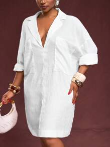 Slaydiva 大码纯色落肩袖夏季宽松纹理面料休闲连衣裙 - 白色 - 查看 6