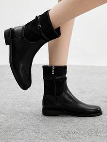 CUCCOO BIZCHIC 女士时尚英伦风格靴子，拉链侧拼布正装靴，休闲舒适百搭圆头粗跟低跟踝靴 - 黑色 - 查看 1