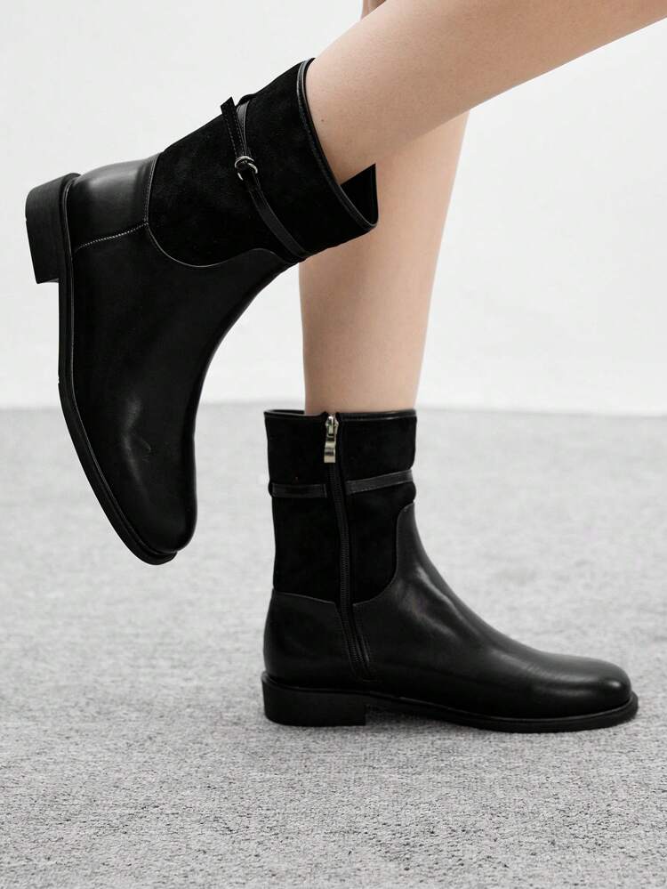 CUCCOO BIZCHIC Women's Fashion British Style Boots, Zipper Side Patchwork Dress Boots, Casual Comfortable Versatile Round Toe Chunky Low Heel Ankle Bootie For Christmas Spring Shoes