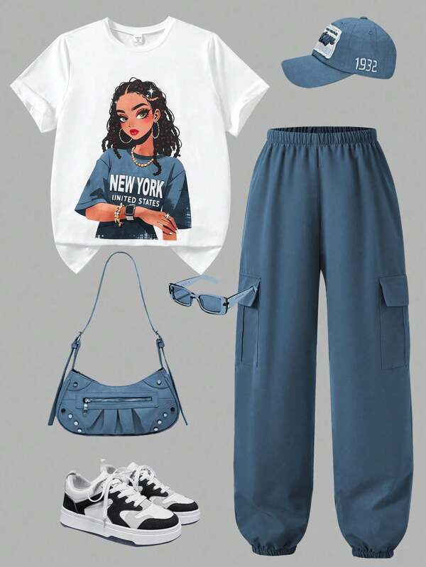 SHEIN 2 Teile Lässig Outfit für Teenager Mädchen, bedrucktes Rundhals Kurzarm Top mit personalisiertem Motiv und weite Cargohosen mit Taschen, modisches Set für Alltag und Outdoor, armeegrün