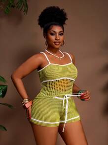 Slaydiva Conjunto de top de camisola de punto abierto y shorts tejidos para mujer de talla grande - Multicolor - Ver 6