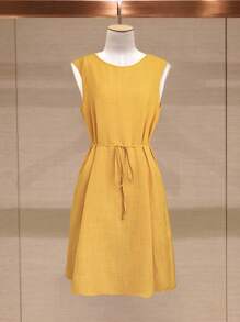 Rusticease Women Summer Solid Color Round Neck Sleeveless Casual Midi Dress Butter Yellow Bandage Dress Vacay Outfits Women