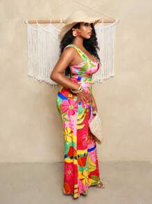 BamGleam 2pcs Women Tropical Print Crop Camisole & Wide Leg Pants Set, Vacation Outfit