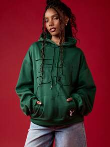 Missguided x Playboy Moletom Clássico com Cordão Estilo Universitário e de Campus, Aconchegante Streetwear Casual Essencial de Inverno, Básico Athleisure Outono Loungewear - Verde Escuro - Visão 1