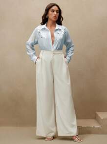Anewsta Elegant Handcrafted Beaded Light Pink Tencel Blouse With Loose Fit Stand Collar For Women - Blue - View 5
