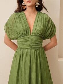 Anewsta Váy eo nhún cổ chữ V tay Dolman dành cho nữ, màu xanh lá cây, thích hợp cho kỳ nghỉ ở bãi biển, mùa xuân/hè - màu xanh lá - Xem 4