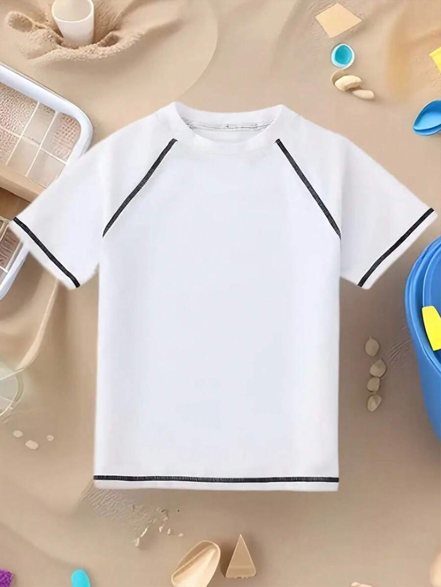 幼儿男童夏季休闲简约拼色装饰纯色针织插肩袖圆领T恤
