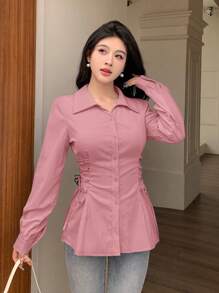 Modelyn 女士纯色长袖休闲抽绳系带衬衫 - 粉色 - 查看 6