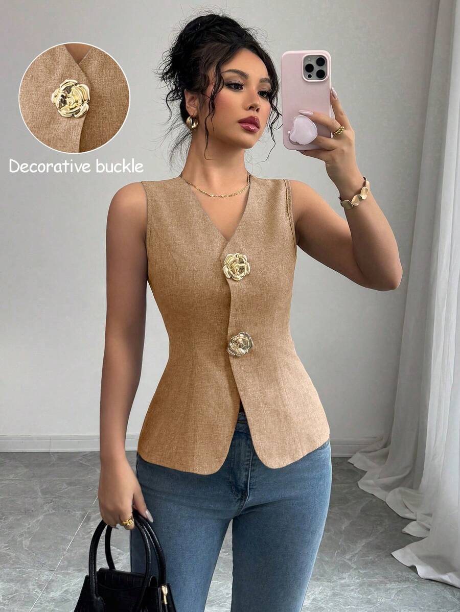Selianne 女式V领修身前金色玫瑰纽扣装饰吊带背心