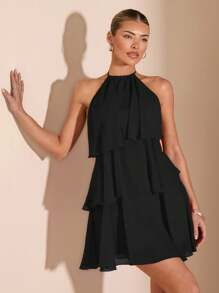 SHEIN BAE 夏季海滩度假纯红色层叠荷叶蛋糕雪纺迷你连衣裙，适合日常约会、夜间外出、夜总会、派对、聚会、鸡尾酒会、泳池派对、返校季服装、学校季连衣裙、节日连衣裙、芭蕾舞裙