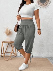 SHEIN LUNE Pantalones elegantes casuales de talla grande con bolsillos sesgados para mujeres, nueva longitud de 7/10