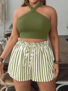 SHEIN VCAY Plus Size Women Holiday Solid Color Halter Top And Striped Shorts 2 Pieces Set - Army Green - View 4