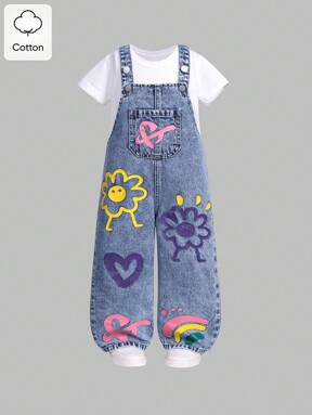 SHEIN Girls Flower, Heart & Rainbow Graffiti Print Casual Comfortable Soft Denim Jumpsuit, Girls Denim Overalls, School, Campus, College