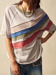 Bohemela Lässiges Colorblock-Rundhals-Raglan-Kurzarm-T-Shirt für Damen