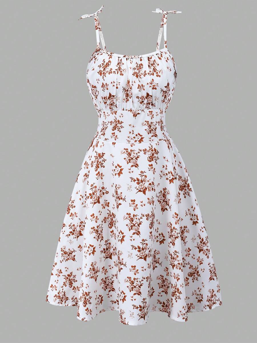 花卉印花荷叶边吊带短裙,蝴蝶结装饰,可调节肩带,蓝白配色,适合夏季少女穿着 - 棕色 - 查看 1