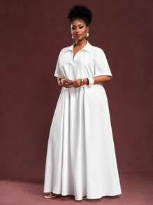 Slaydiva Đầm sơ mi tay ngắn dáng rộng cổ chữ V xếp ly màu trắng cỡ lớn, thích hợp cho mùa xuân/hè, đi làm và mặc thường ngày - Z - trắng - Xem 9