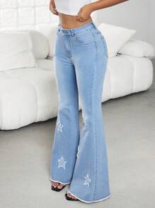 Jeanoix 休闲可爱刺绣女式喇叭牛仔裤