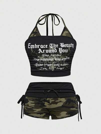 Conjunto de 2 piezas de top halter y shorts con estampado de camuflaje y cruz en estilo Y2K de talla grande