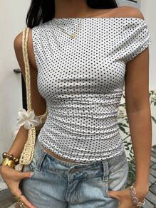 SHEIN PETITE Women Polka Dot Asymmetric Ruched Tight Fitting Waisted Top With Slanted Shoulder Sleeve, Elegant Casual Versatile Summer Wear, Suitable For Petite - Black and White - View 6