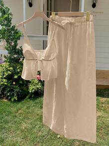 Comfortcana 2件套女士卡其色亚麻背心和长裤夏季套装 - 卡其色 - 查看 5