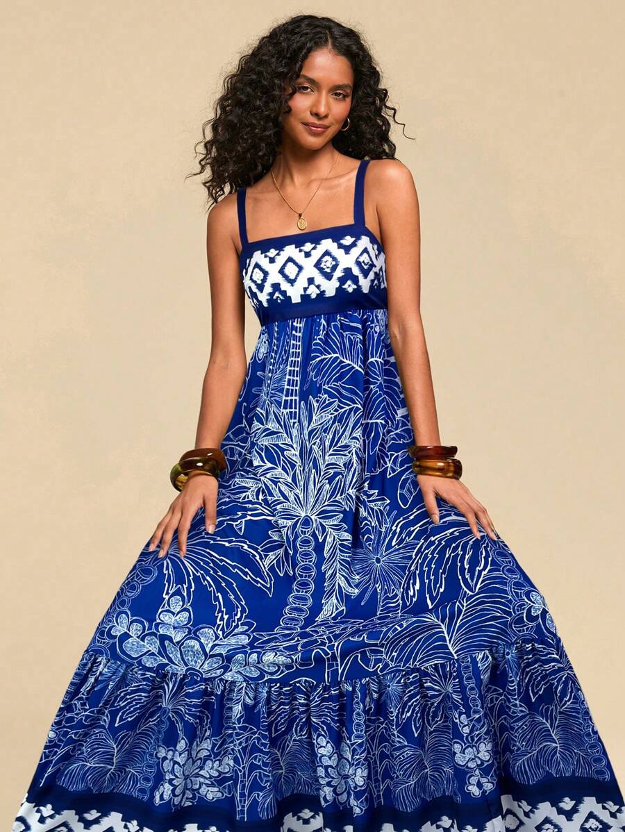 Travachic Woven Print Sleeveless Dress For Women - Blue - View 1
