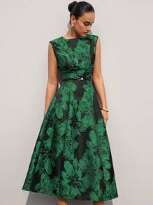 Aveloria Modichic 新款优雅端庄优雅女士连衣裙，精致奢华简约精致提花面料圆领无袖收腰宽喇叭裙连衣裙 - 綠色 - 查看 4