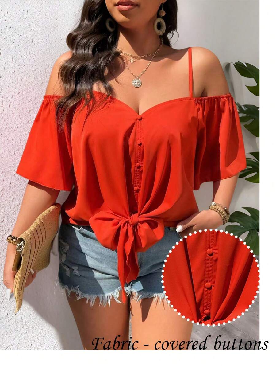 EMERY ROSE Plus Size Fashionable Casual Vintage V-Neck Off-Shoulder Tie Front Blouse - Coral Orange - View 1