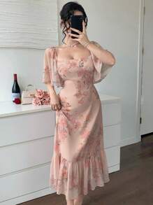 DAZY 女士碎花雪纺连衣裙，方领，荷叶边饰边，鱼尾裙摆，优雅夏季度假装扮，复活节女士 - 粉色 - 查看 3