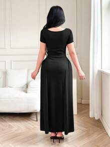 Feyla Women's Solid Color Slim Strap Short Sleeve Waisted Summer Fabric Textured Fashion Dress - Black - View 2