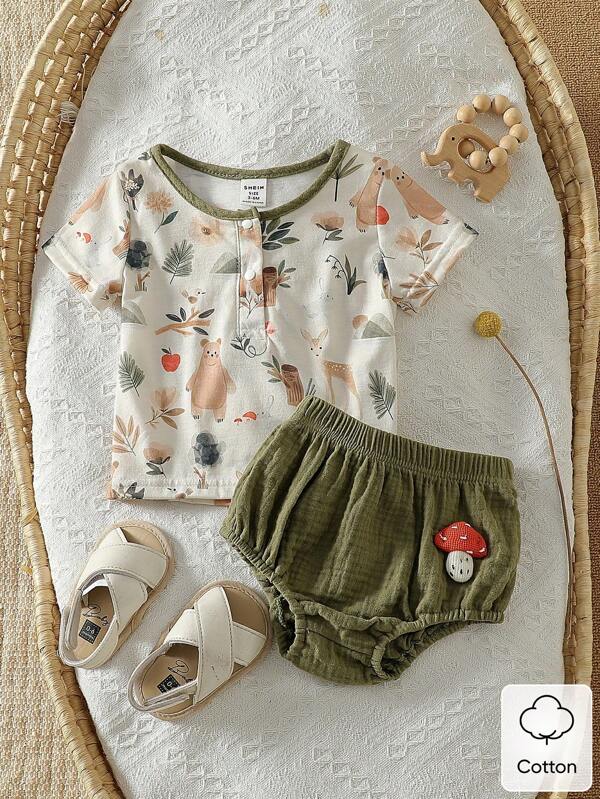 Vintaside Kids Baby Boys 2 Pieces Outfit, Forest Animal & Plant Print Short Sleeve Top And Soft, Comfortable & Fashionable Green Mushroom Patterned Bottoms, Casual Style Suitable For Spring/Summer Outdoor, Travel And Daily Wear