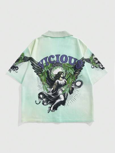 Street Life Men's Street Life Polo Collar Digital Print Mother Front Open Knit Sweater, Street Fashion