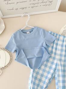 SHEIN Babygirl 蓝色格子裤和短袖针织上衣套装，夏季 - 藍色 - 查看 6