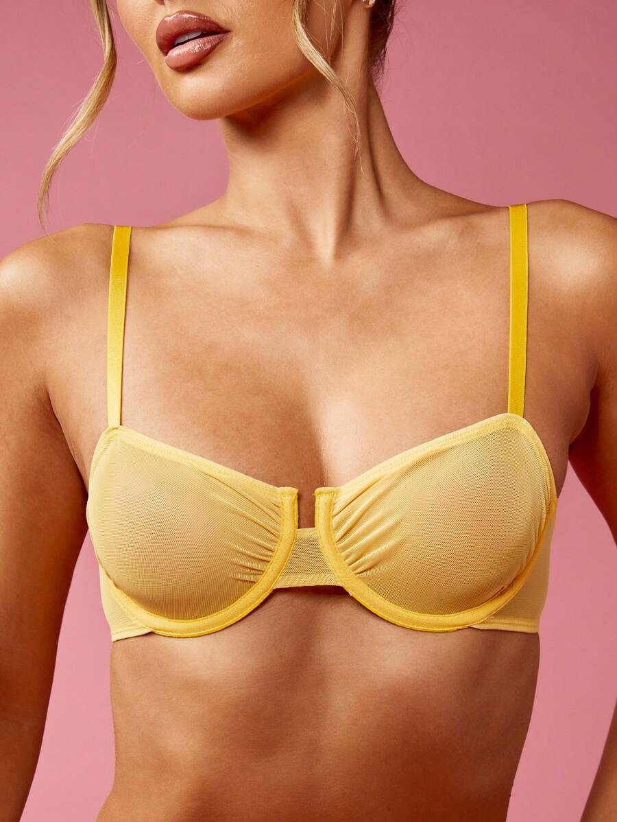 MISSGUIDED Wired Mesh Balconette Bralette Undergarment With Ruched Cups Adjustable Straps Summer Spring Everyday Wear - Yellow - View 1