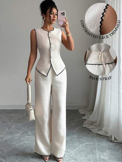 Elenzga 波西米亚风雪纺拼色波浪肩带无袖短款上衣和松紧腰阔腿裤 2 件套，适合女士春夏