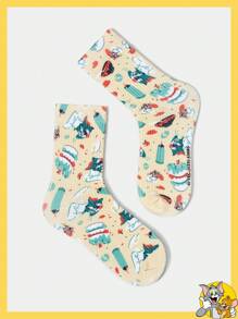 TOM & JERRY X SHEIN Cartoon Pattern Sprout Yellow Cake Kitchen Party Mid-Calf Socks - Yellow - View 2