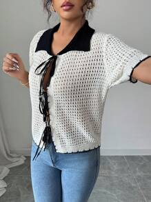 Chiquease French Minimalist Casual Short Sleeve Knitted Cardigan With Polo Collar For Women - Black and White - View 3