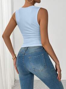 INAWLY Summer Sexy Solid Color Lace Patchwork Deep V-Neck Camisole - Blue - View 2