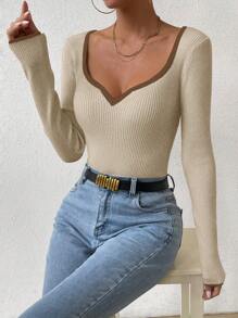 RosyDaze 秋季女士休闲杏色罗纹针织上衣，鸡心领口，长袖设计，修身剪裁，优雅棕色撞色饰边，是日常穿着的完美之选。针织套衫秋冬款 - 杏色 - 查看 6