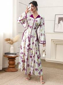 Yasmyna Floral Patchwork Tie-Waist Arabic Style Dress For Women, Homewear Jalabiya - Multicolor - View 3