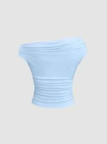 Sweetra Kaos Crop Top Lengan Pendek Leher Asimetris Warna Polos yang Serbaguna & Nyaman - MultiWarna - View 4