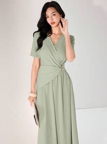 Heiryn 女式夏季纯色V领短袖褶皱优雅连衣裙