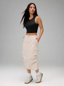 SHEIN PETITE 女士休闲前系宽腰带简约清凉感抗皱速干工装裙适合度假