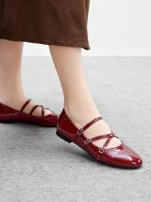 CUCCOO BIZCHIC 女士圆头平底鞋，多带设计，舒适百搭，酒红色日常办公平底鞋