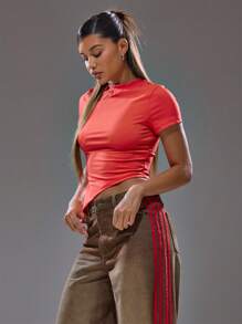 MUSERA Asymmetric Hem Fitted T-Shirt Spring, Summer, Streetwear, Y2k, Cool Girl, City Muse Back To School - Red - View 3